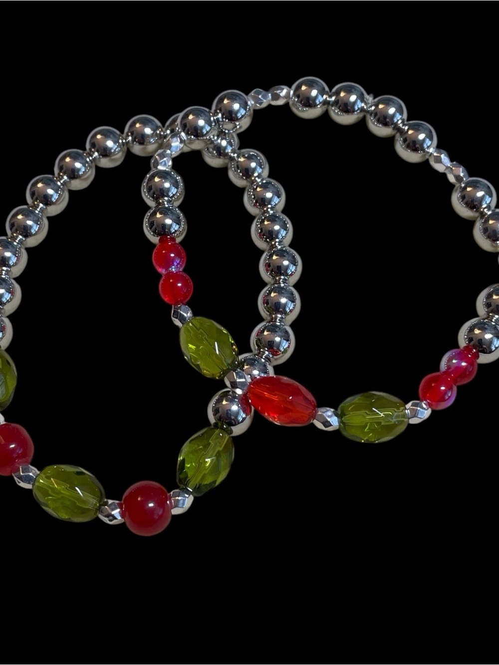 Holiday Set of 2 Silver Beaded Bracelets with Red and Green Glass Accent Beads